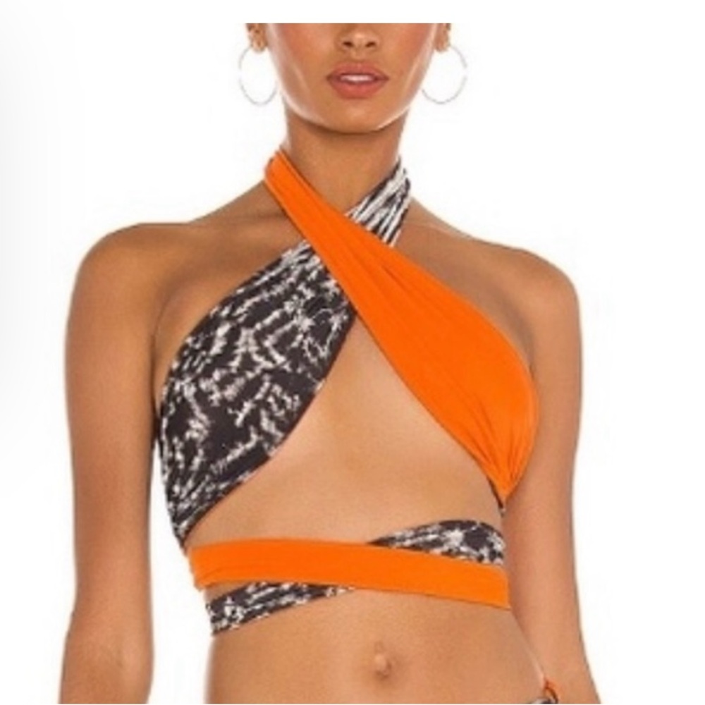 Orange & Black Pattern Wrap Bikini Top - Women's Swim